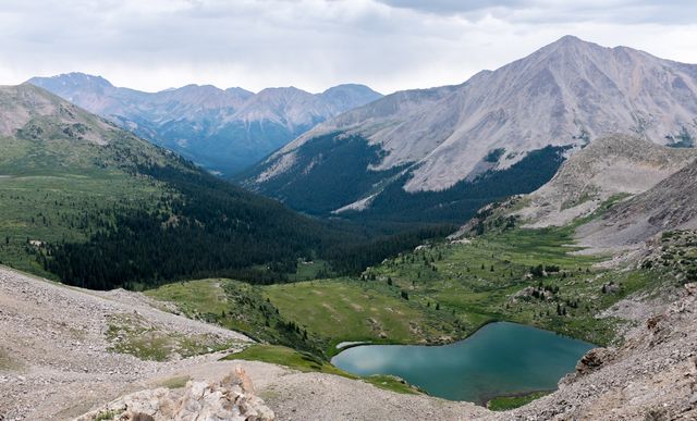 Looking south from Lake Ann Pass, you can see Lake Ann nestled among the mountains.