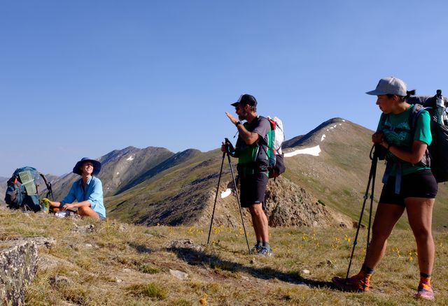 Buckets, Gil and Knock taking a break after a climb. The elevation here is around 12,500 feet, near where the Continental Divide crosses the CT in Segment 5 of the Collegiate West. (July 30, 2016)